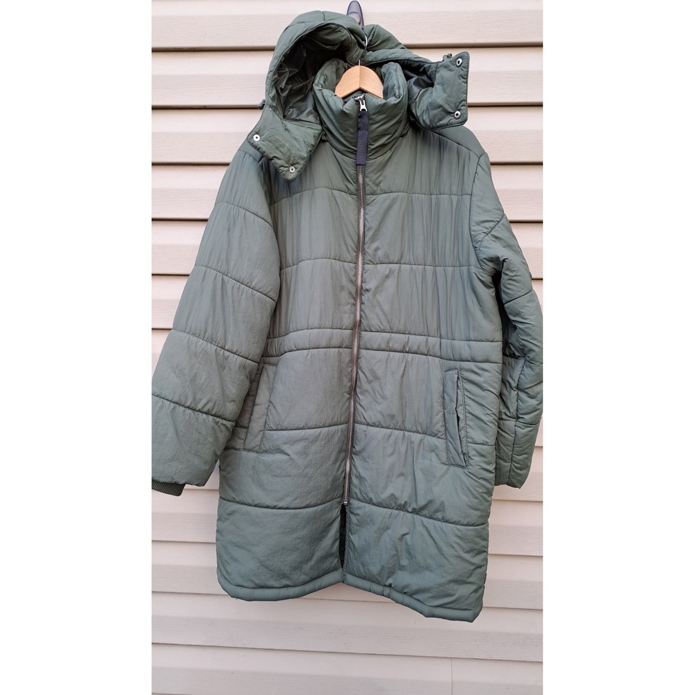 Free Assembly Women's Green Puffer Coat Long Jacket Detachable Hood Full Zip L
